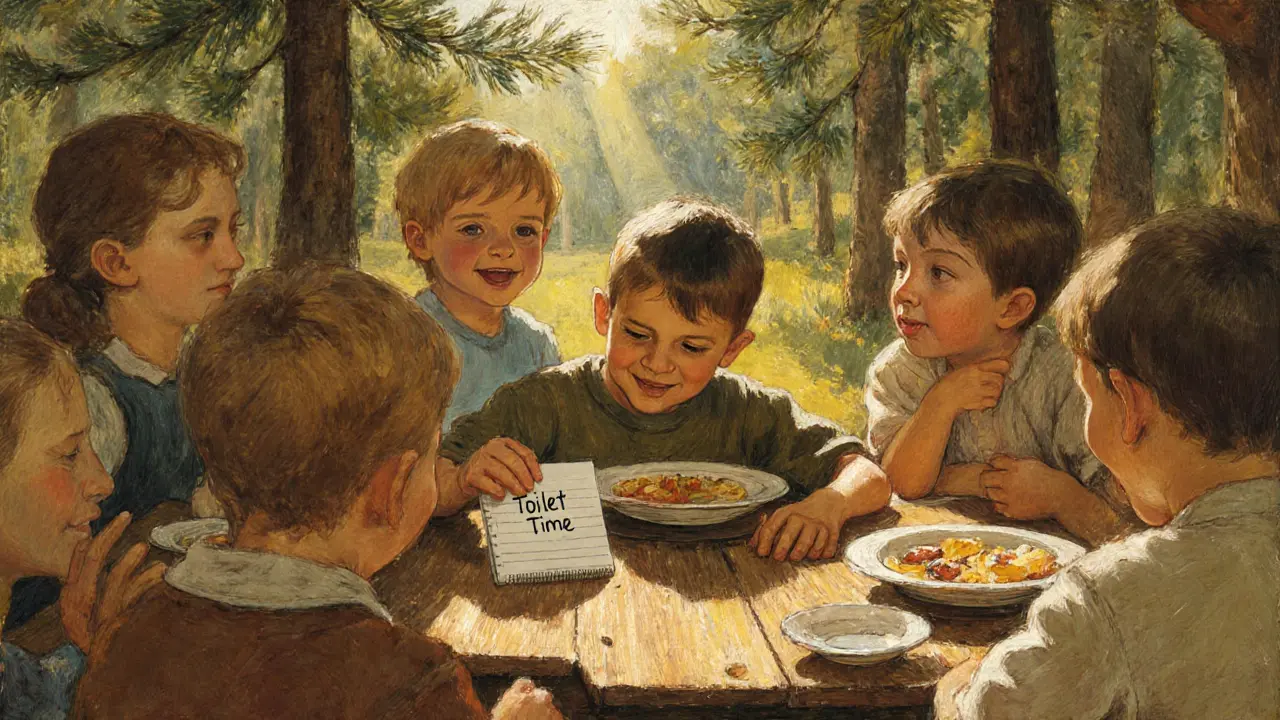 Děti v českém táboře společně snídají, jeden chlapec klade notebook na stůl.