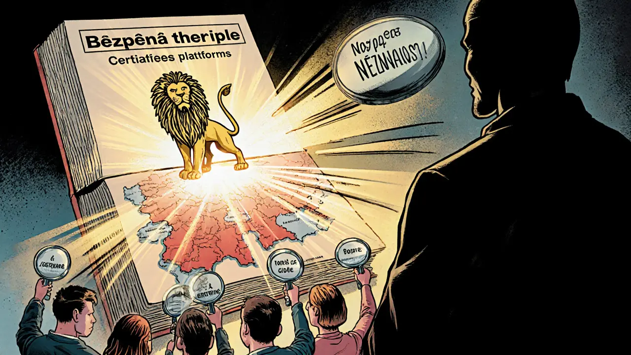 Kvantový klíč ve tvaru českého lva osvětluje mapu Česka, kde pouze sedm certifikovaných platform svítí, zatímco lidé zkoumají podmínky.