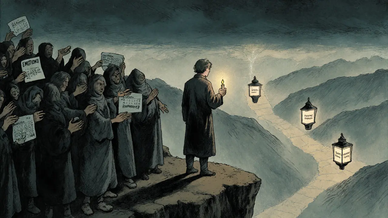 Osoba stojí na okraji útesu, drží svíčku, zatímco stíny nabízejí léky a nové vztahy — cesta před ní vede k sebedůvěře.