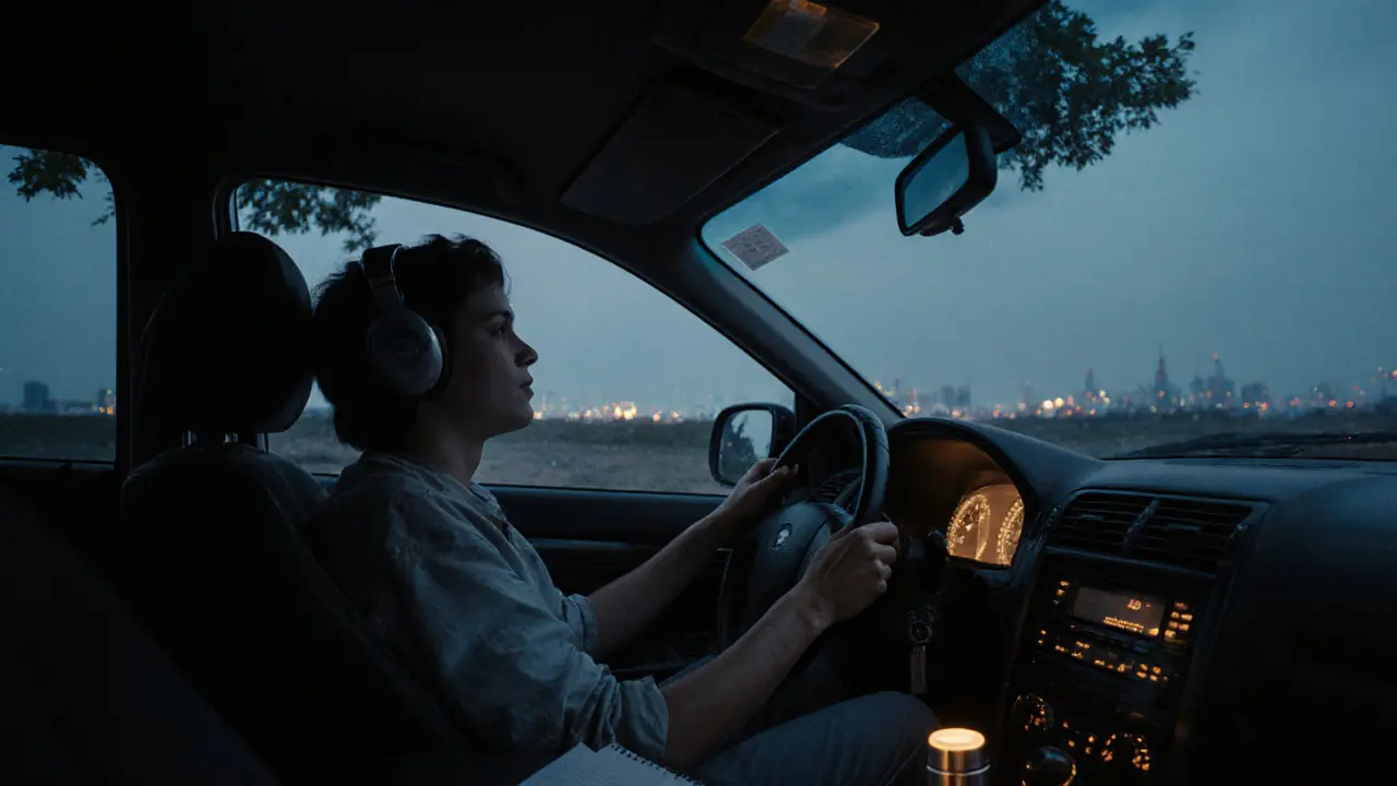 Osoba v autě parkovaném ve večerní tichosti, v sluchátkách, klidně dýchá, světlo z přístrojů osvětluje interiér.