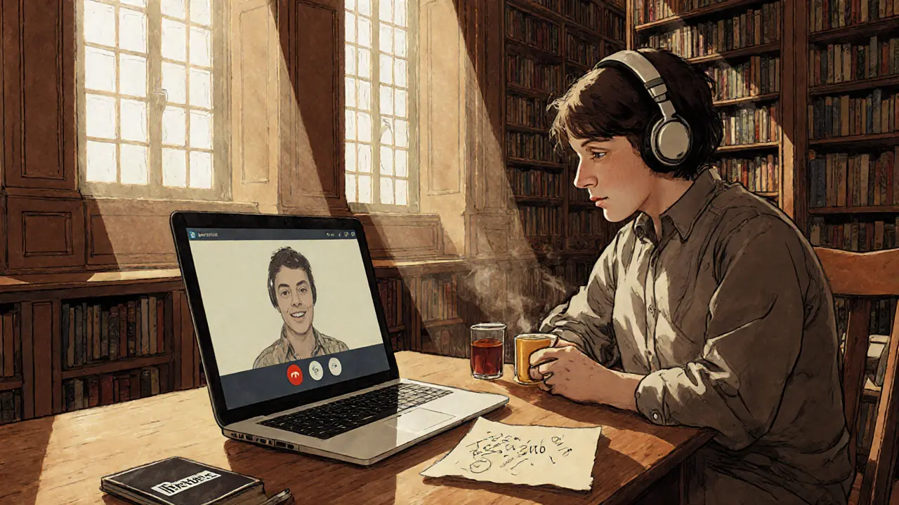 Osoba v knihovně sedí u stolu s notebookem, teplá káva a papír před ní, sluneční paprsky padají skrze okna.