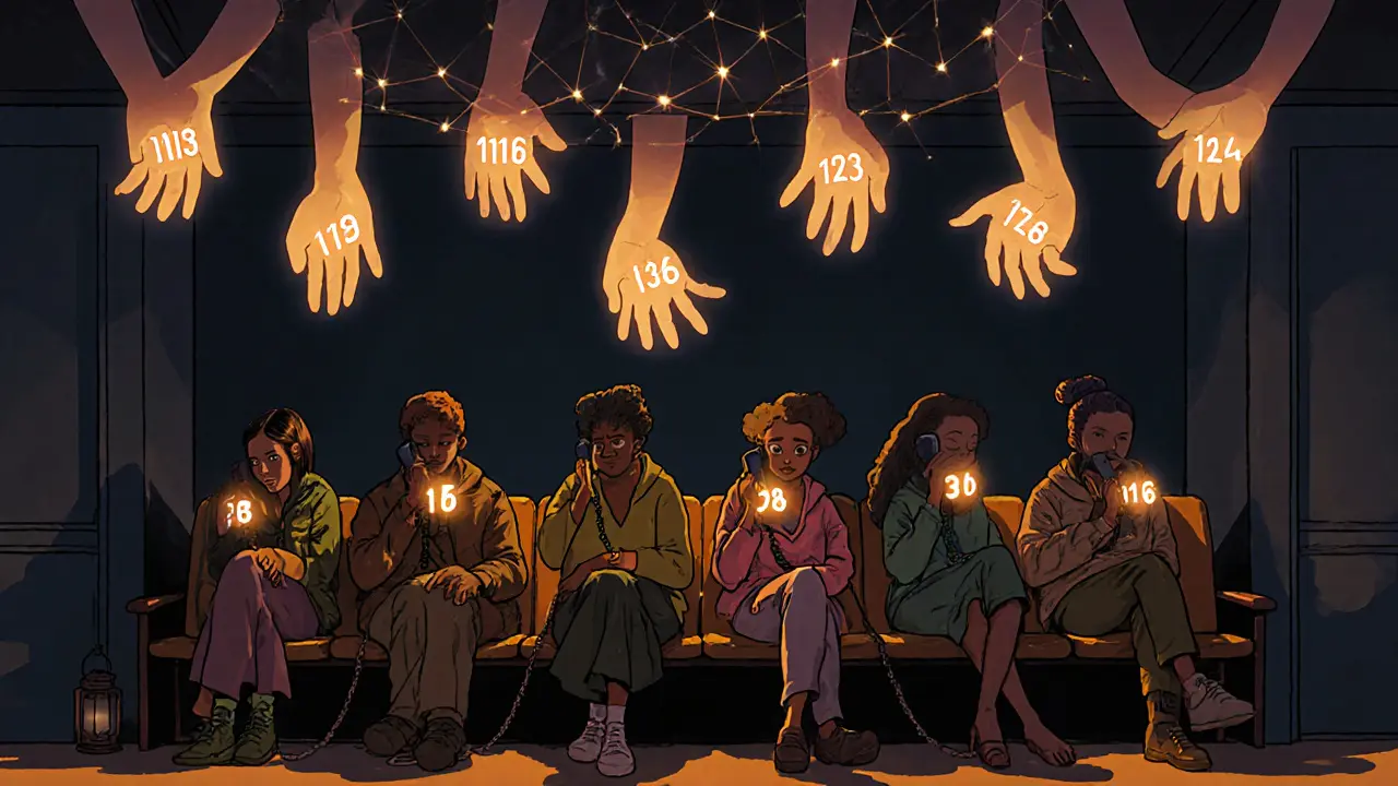 Různí lidé drží telefony s čísly krizových linek, osvětlení z nich vytváří světlo.