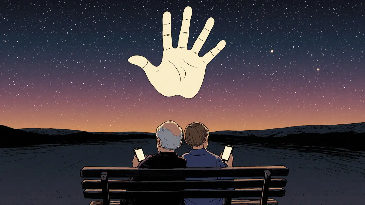 Starý muž a teenag sedí na lavičce pod hvězdnou oblohou, drží telefony.