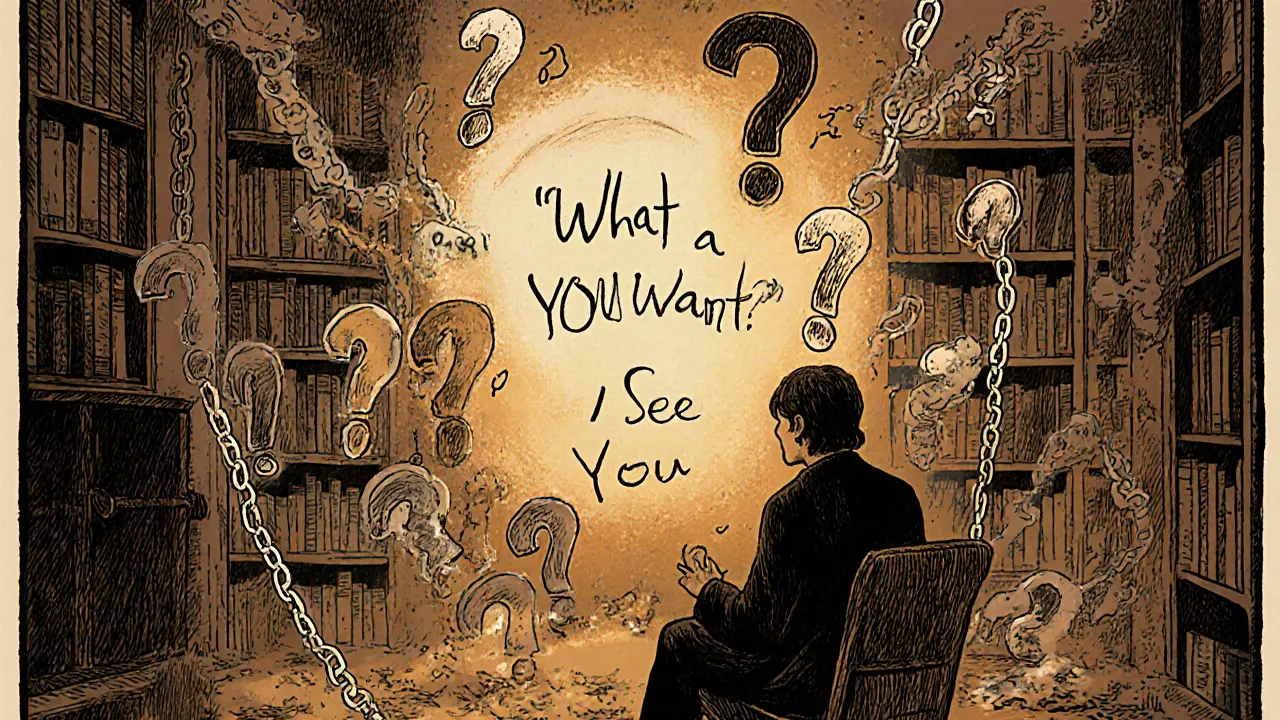 Terapeut a klient sedí ticho v místnosti, kolem nich se rozpadají slova rad a srovnání, zatímco světlo tvoří otázky.