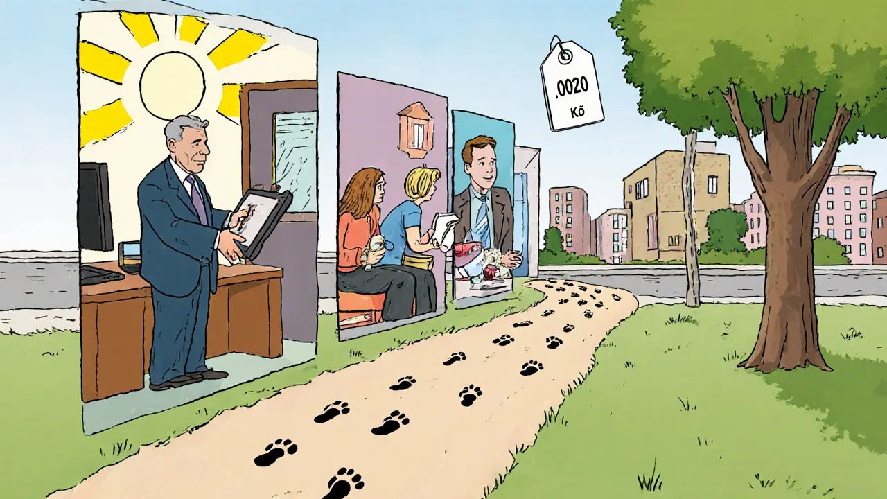 Hybridní terapie: klient postupně prochází osobní, online a znovu osobní sezením pod stromem.