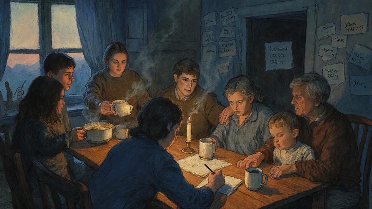 Přátelé a rodina se shromažďují v kuchyni, kde jeden přináší polévku a druhý klade ruku na rameno unaveného rodiče.