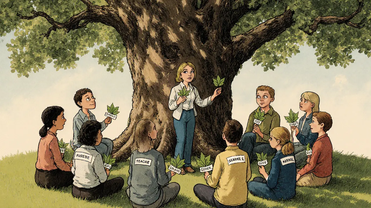 Skupina lidí sedí pod dubem, drží listy s jmény, symbolizující jejich podporu ve vztahové síti.