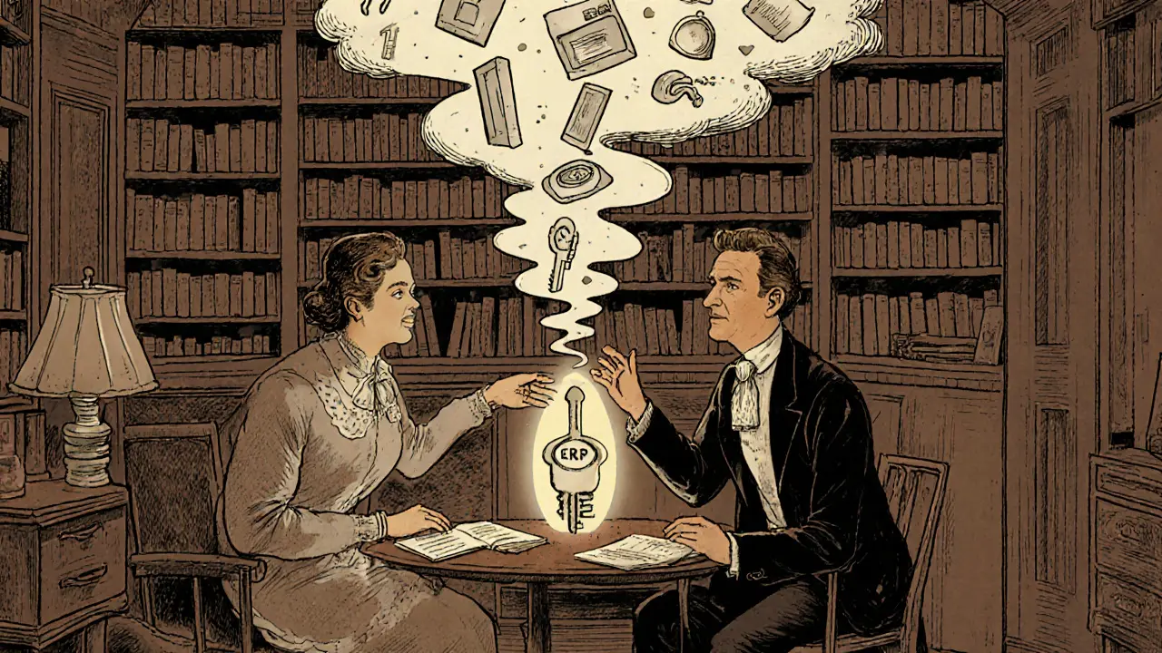 Terapeut a pacient v kanceláři, mezi nimi visí symboly nucených činů, klíč ERP se objevuje.