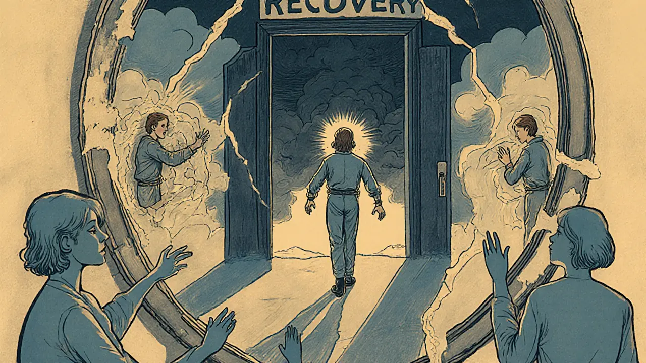 Tři verze člověka v zrcadle: zamilovaný, zmatený a osvobozený, směřující k světlu.