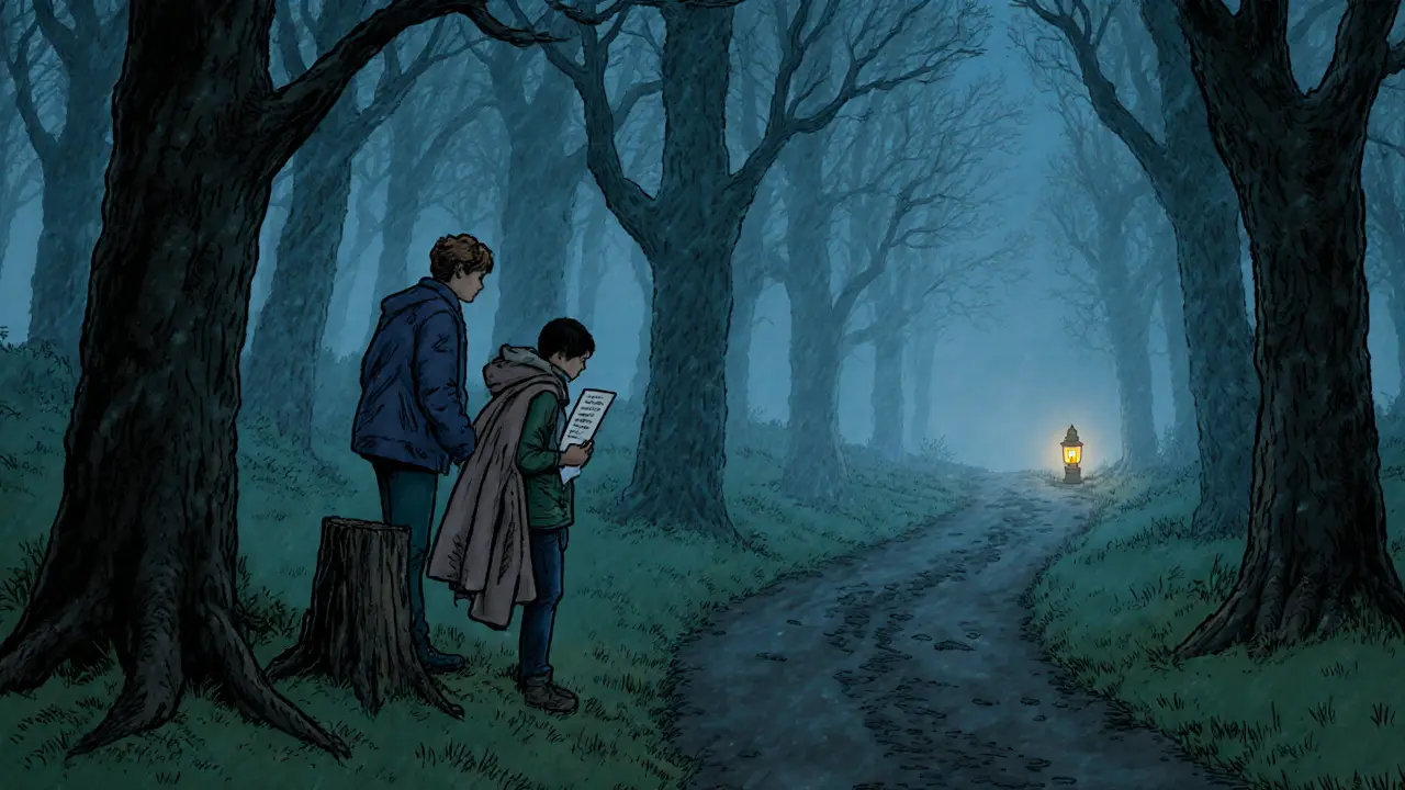 Dítě stojí na cestě, rodič na stromě nechává plášť a list — tiše podporuje, aniž by nutil.