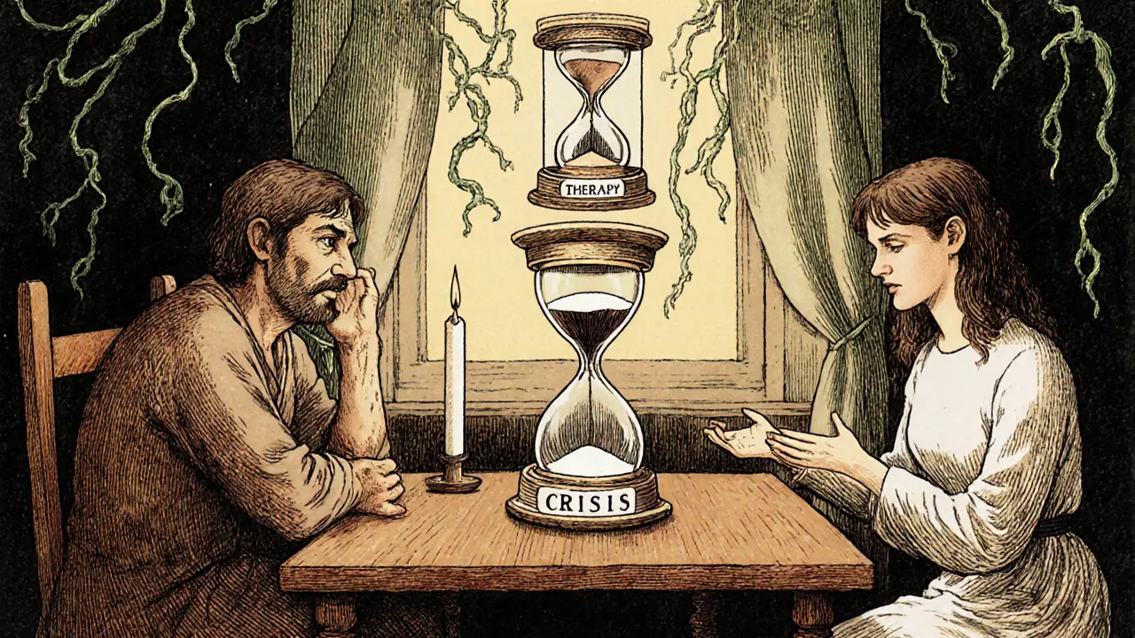 Dva lidé sedí u stolu, mezi nimi přechod od krize k terapii.