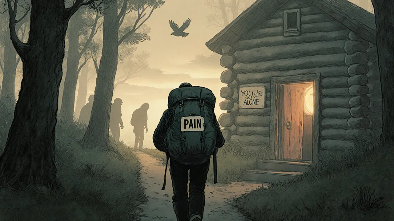 Postava jde lesem k dveřím s nápisem &#039;Nejsi sám&#039;.