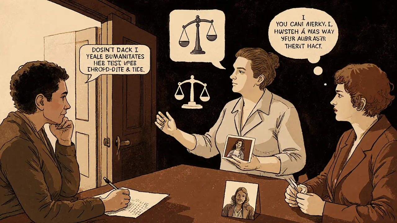 Terapeut vede skupinu rodičů na workshopu CRAFT, kolem nich symboly komunikace a pozitivního posilování.