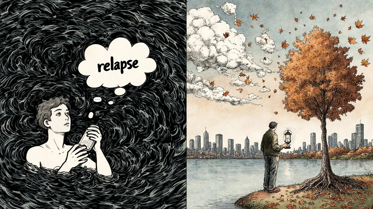 Dvě scény: jedna s člověkem potopeným v myšlenkách, druhá s ním klidně pozorujícím je.