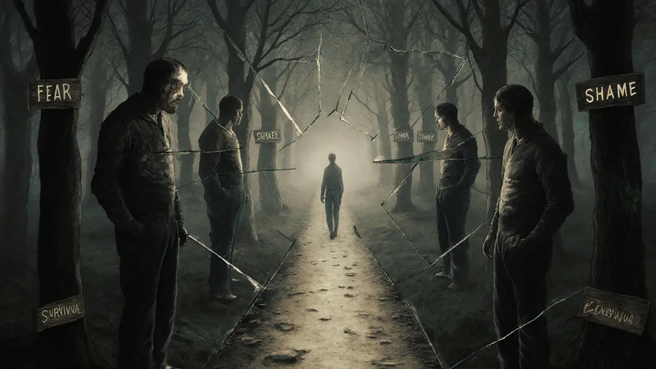 Lidský obraz v zrcadle se rozděluje na zraněné a silné verze, cesta svítí před nimi.