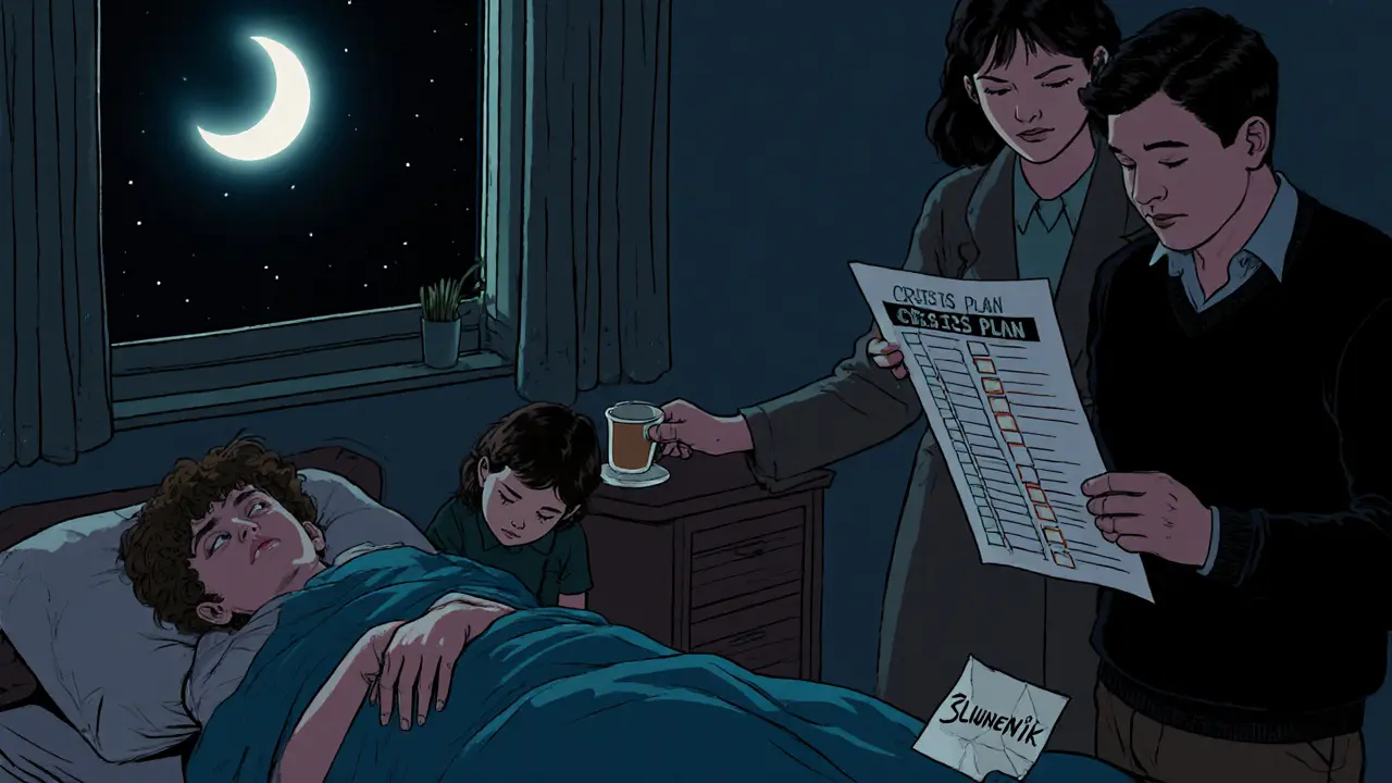 Matka a otec podporují dítě v krizi, zatímco mladší sourozeneček přináší čaj.