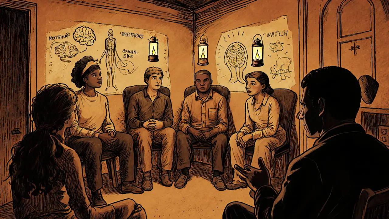 Skupina lidí medituje ve vytvořeném kruhu s každým svým světlem mindfulness.