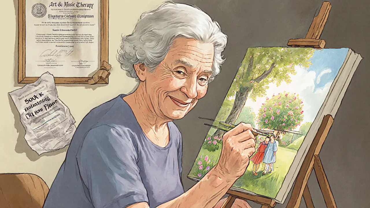 Stará žena maluje strom, za ní se objevuje vzpomínka na dětství s babičkou.