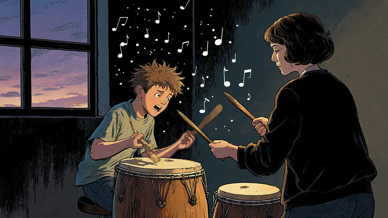 Teenager bije na buben spolu s terapeutem, hudební noty se vznášejí mezi nimi.