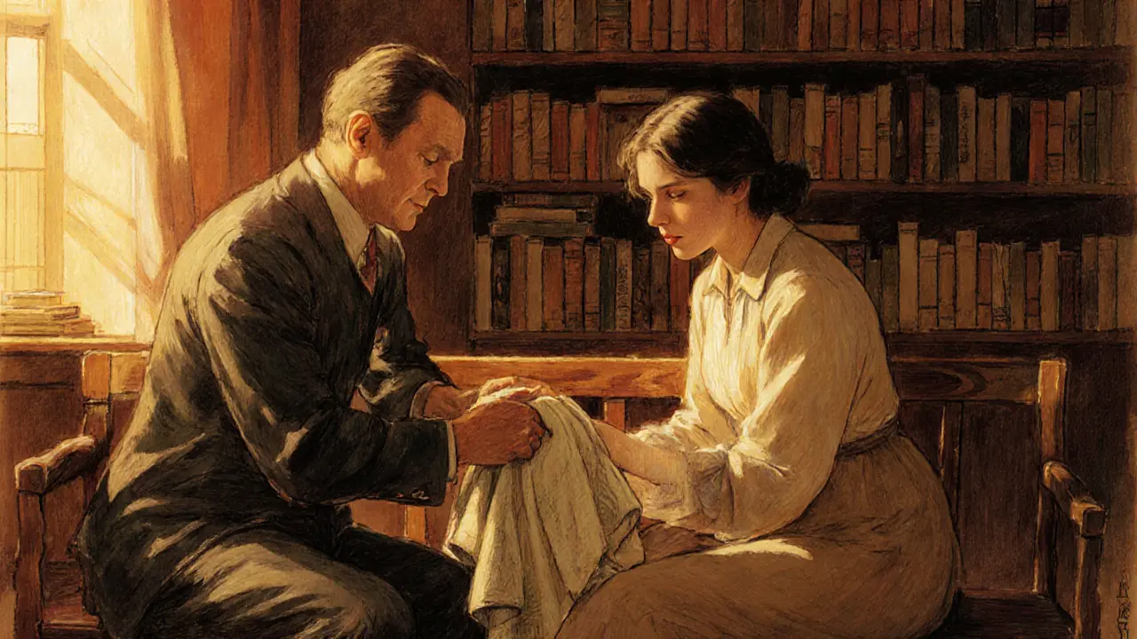 Terapeut a pacient sedí spolu v teplém pokoji, terapeut podává plátno.