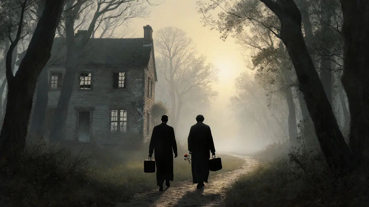 Dva postavy se vzdalují po lesní cestě, za nimi zhroutený dům, před nimi rozdělené cesty do světla.