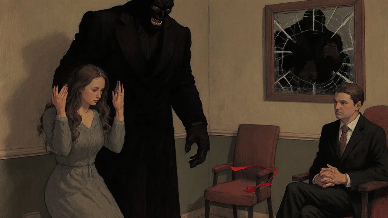 Jeden partner se brání před druhým, terapeut sedí bezmocně, v pozadí rozbité zrcadlo.