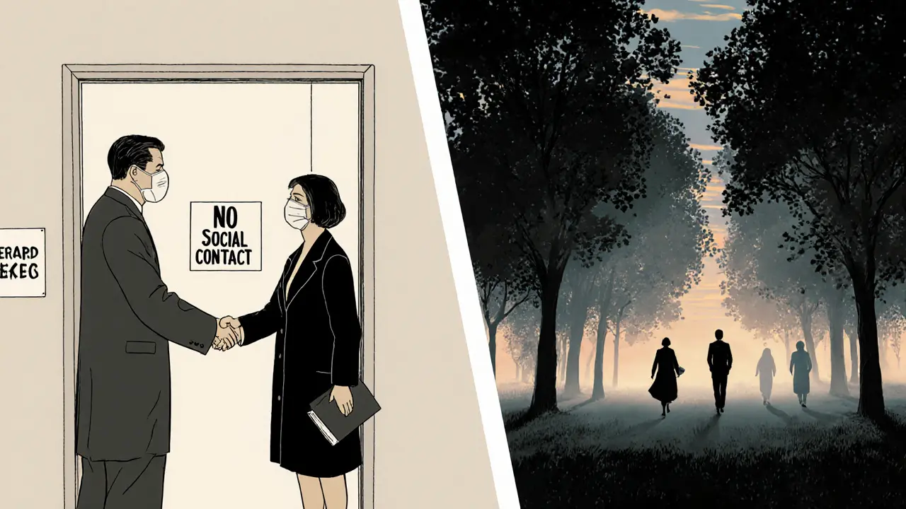 Klient v parku s postavy terapeutů mizících ve mlze, symbolizující potřebnou vzdálenost v terapii.