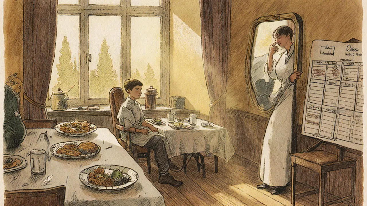 Pacientka v terapii s výživovou poradkyní, plány jídel a zrcadlo s rozděleným odrazem.