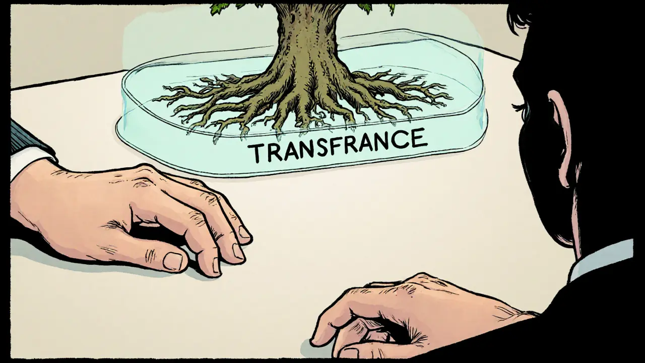 Ruka klienta se táhne k ruce terapeuta, ale mezi nimi je průhledná hranice ve tvaru kořene s nápisem 'Transference'.