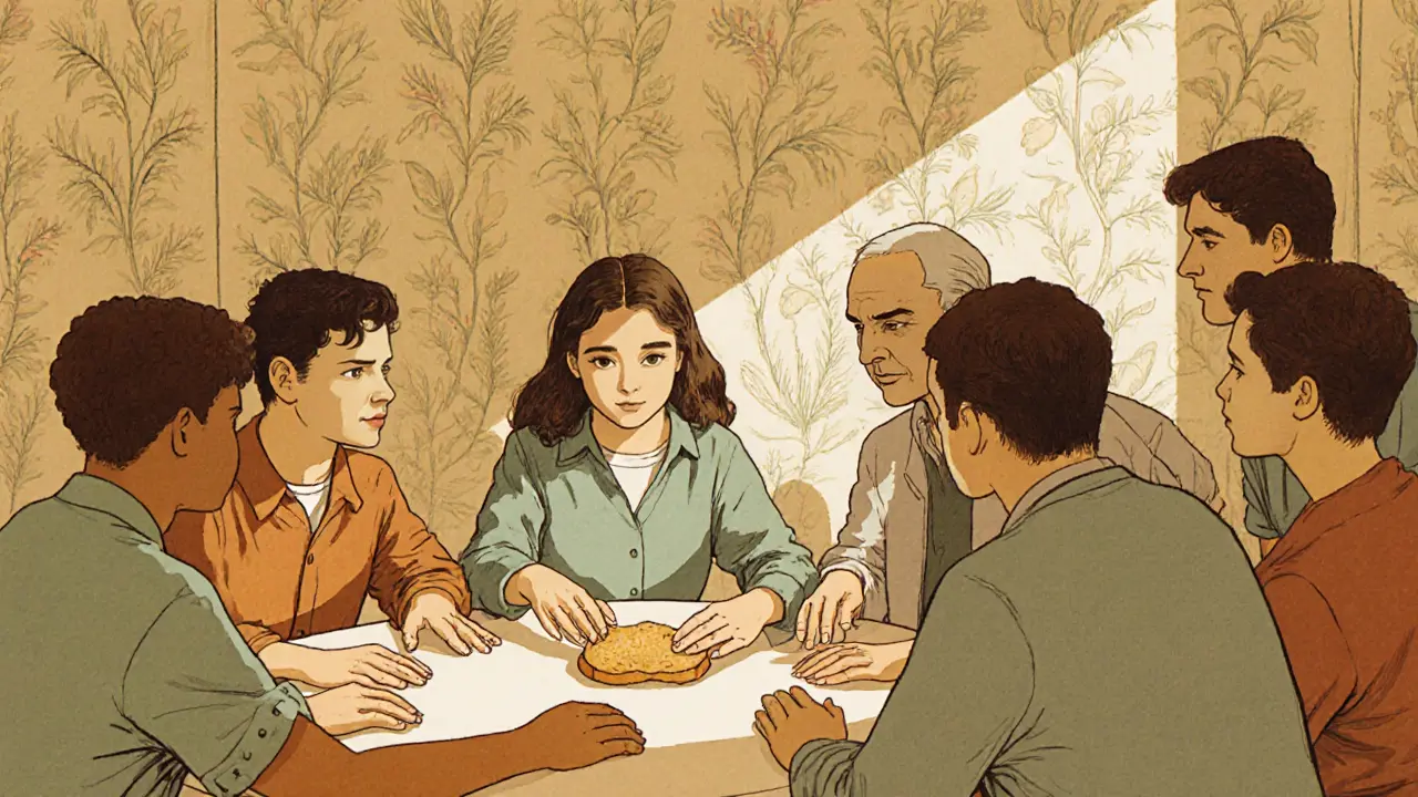 Skupina teenagerek a rodičů v terapii, jedna dívka drží kousek chleba, atmosféra podpory.