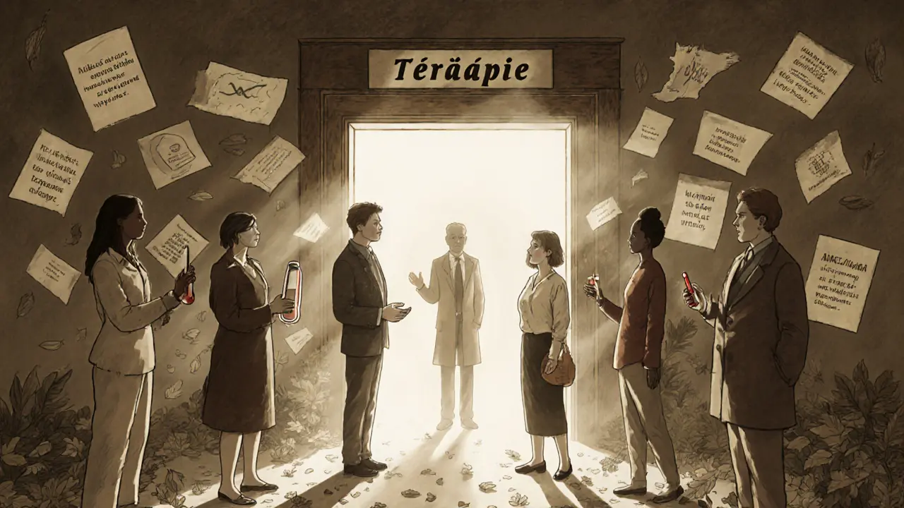 Klienti stojí u dveří do terapie, kde jim terapeut otevírá cestu k výjimkám a porozumění.