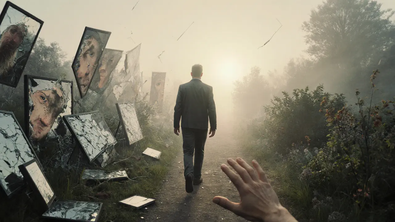 Muž kráčí k zahradě v ranní mlze, zanechávaje za sebou rozbité obrazovky, zatímco se ruka blíží k skutečnému doteku.