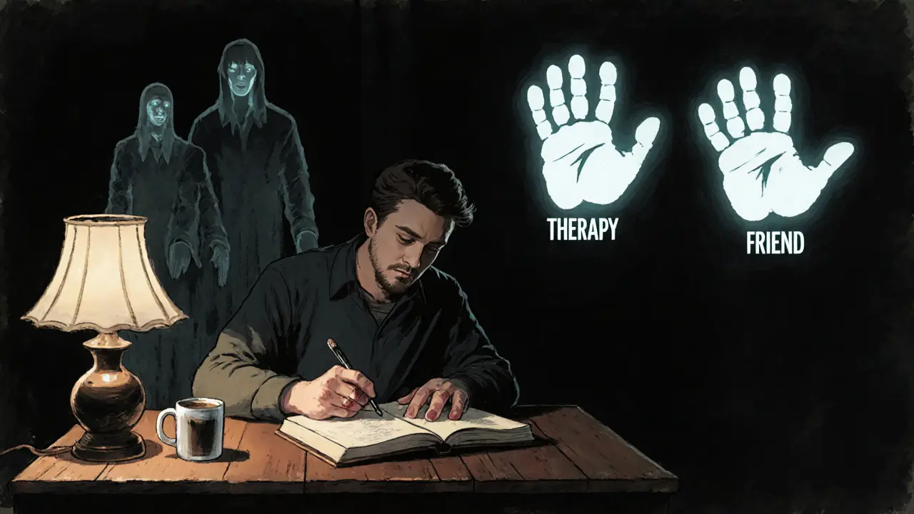 Muž píše do deníku v noci, za ním zmizí dřívější přátelé, před ním svítí podpora.