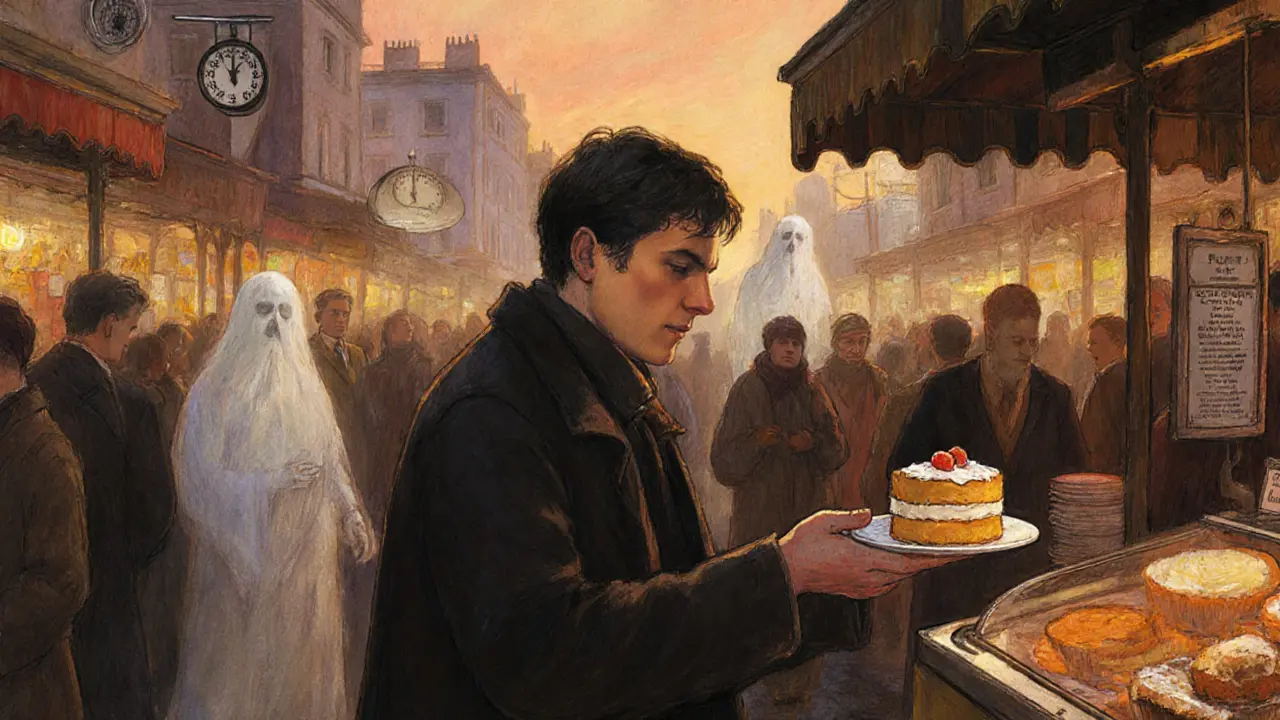 Osoba si vybírá koláč v tržnici, strachy se mění v mlhu.