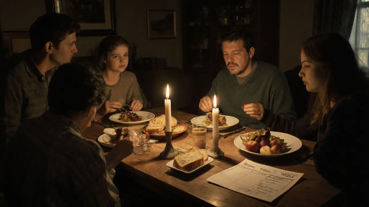 Rodina společně jí snídani u dřevěného stolu v klidném osvětlení.