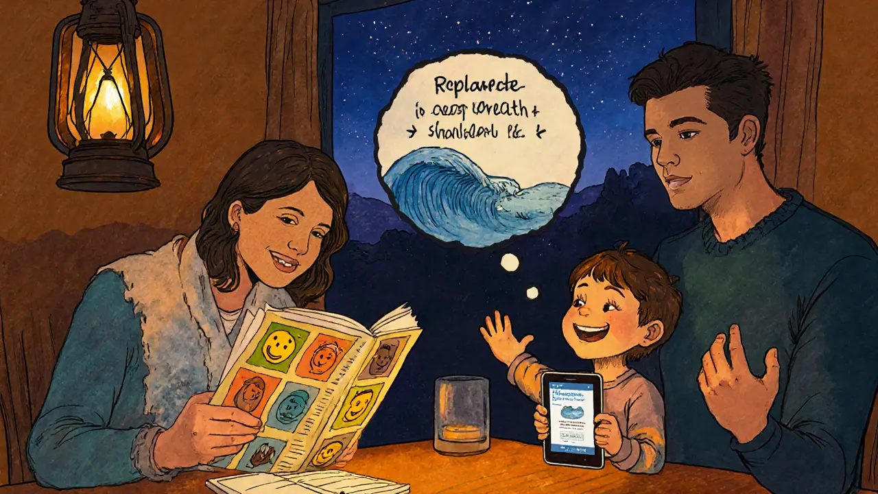 Rodina u stolu s deníkem tiků a tabletou s aplikací TicTrainer v domácím prostředí.