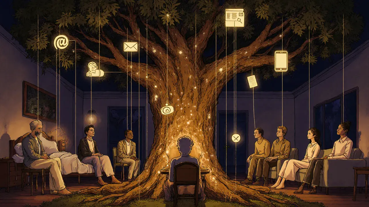 Různí lidé jsou propojeni světelnými vlákny s dubem, který představuje terapeutickou podporu.