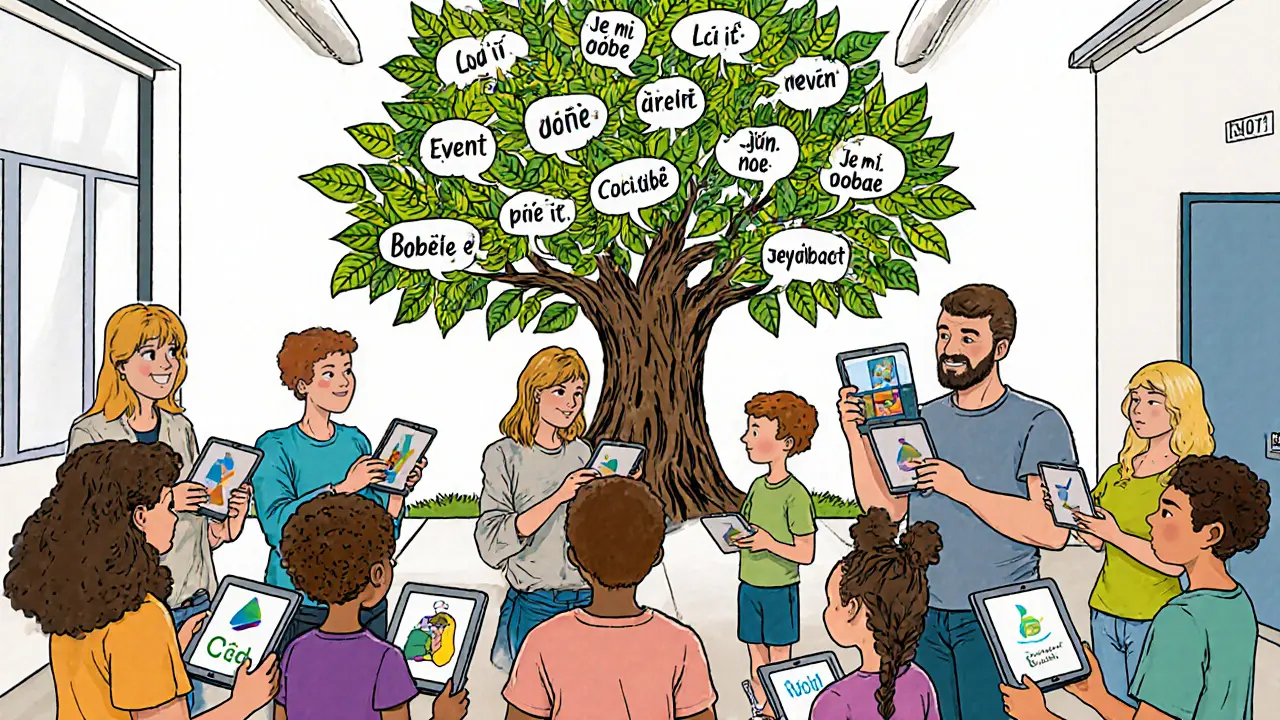 Skupina lidí v centru používá různé AAC aplikace, na pozadí nástěnka se slovy komunikace.