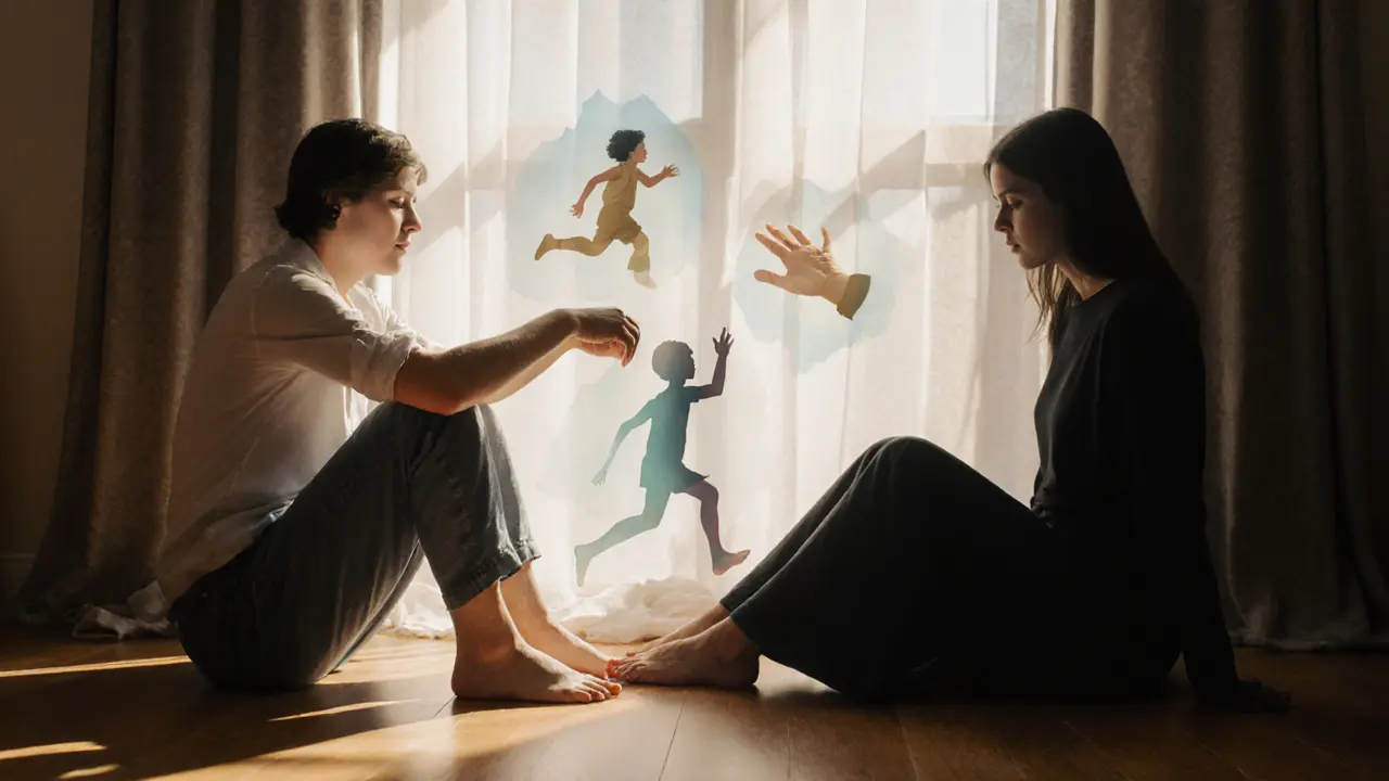 Terapeut a klient sedí na podlaze, kolem nich plavou tělesné paměti traumatu jako průhledné obrazy.