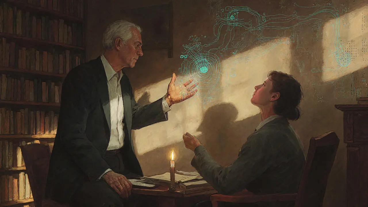 Terapeut a klient sedí v knihovně, terapeut ukazuje na neviditelné cesty v mozku, zatímco klient přijímá pochopení.