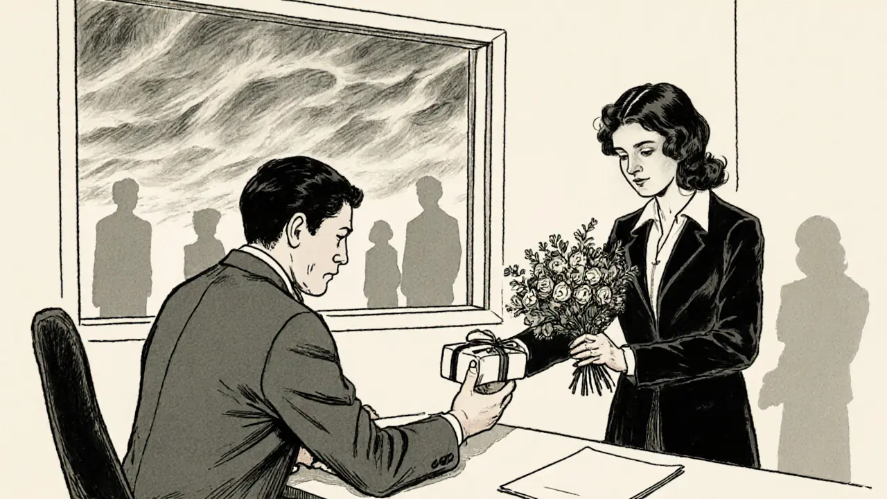 Terapeut odmítá dárky od klienta, který mu nabízí květiny, v klidném, osvětleném prostoru.