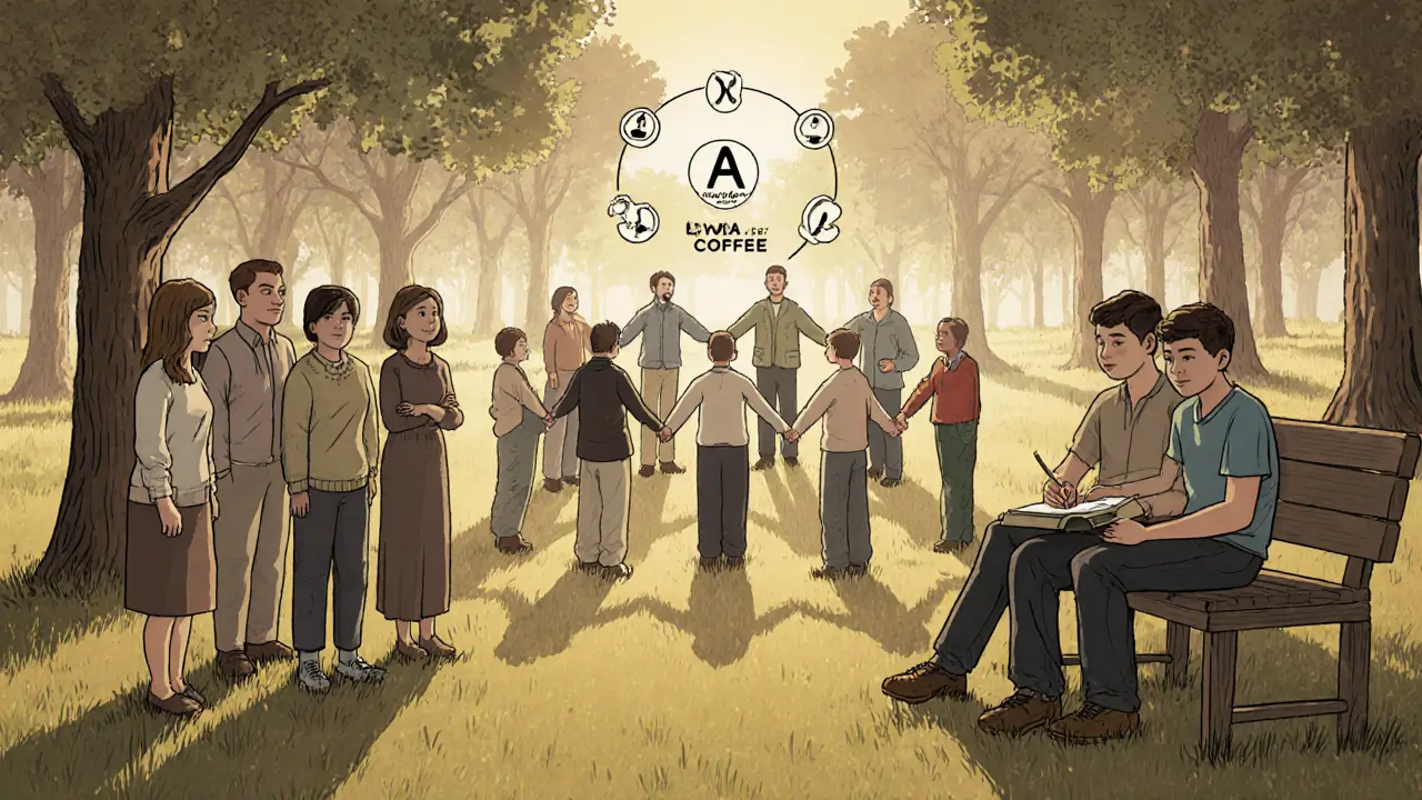 Tři skupiny lidí v lese: rodina, AA a přátelé, společně v klidu bez alkoholu.