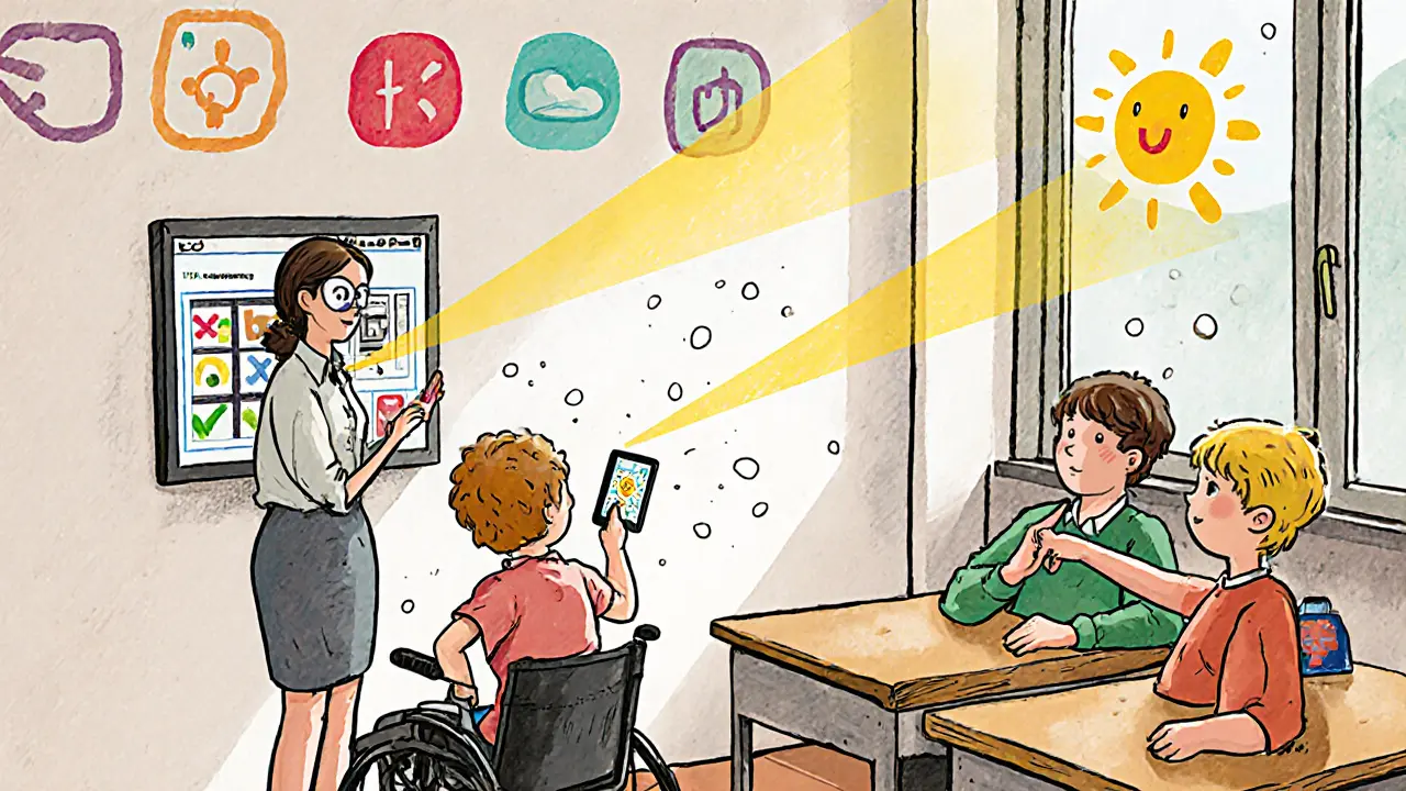 Učitelka a žáci používají tablet s AAC v třídě, jeden žák komunikuje očním sledováním.