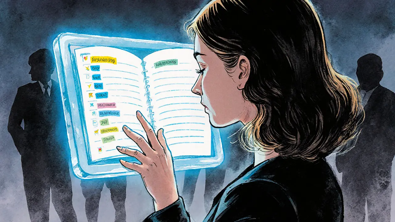 Žena se dívá na digitální deník s barevnými štítky emocí, který plave ve vzduchu.