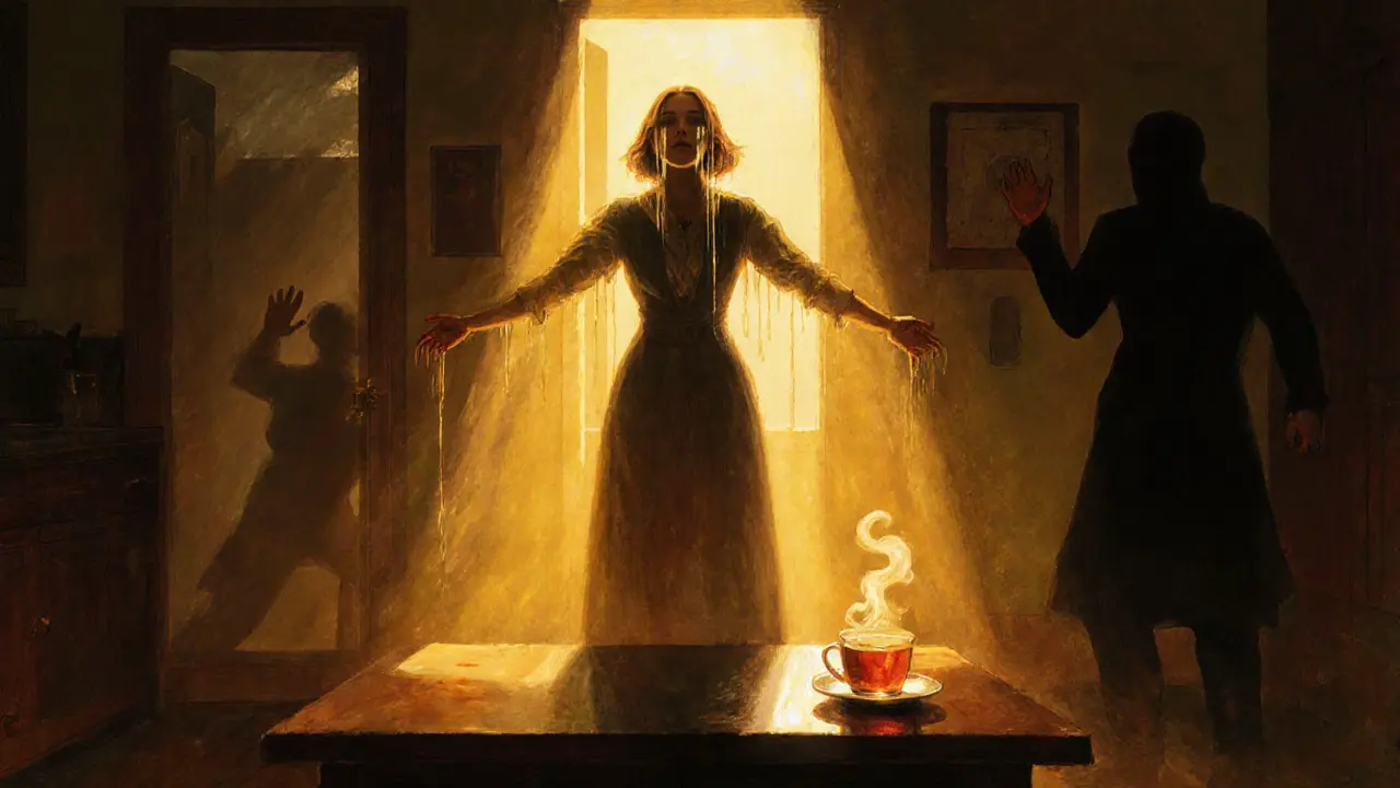 Žena stojí v kuchyni, zlaté světlo jí prochází tělem, zatímco stíny minulosti zmizí ve světle.