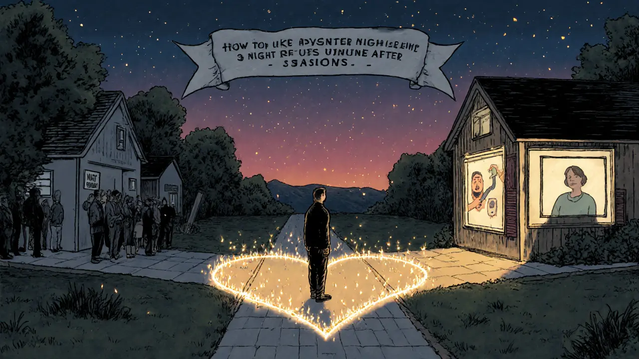 Cesta k terapii: dlouhé čekání vs. pohodlí domova, světlo a srdce symbolizují naději a účinnost.