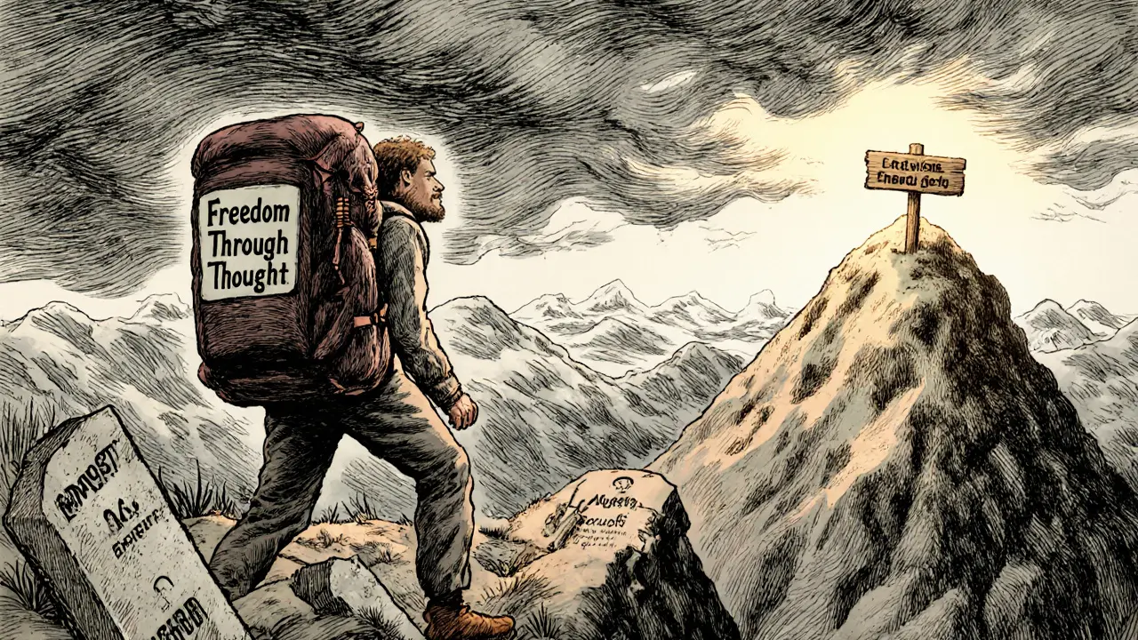 Cestovatel stoupá po hoře, než se zbaví těžkého břemene iracionálních přesvědčení a dosáhne klidu.