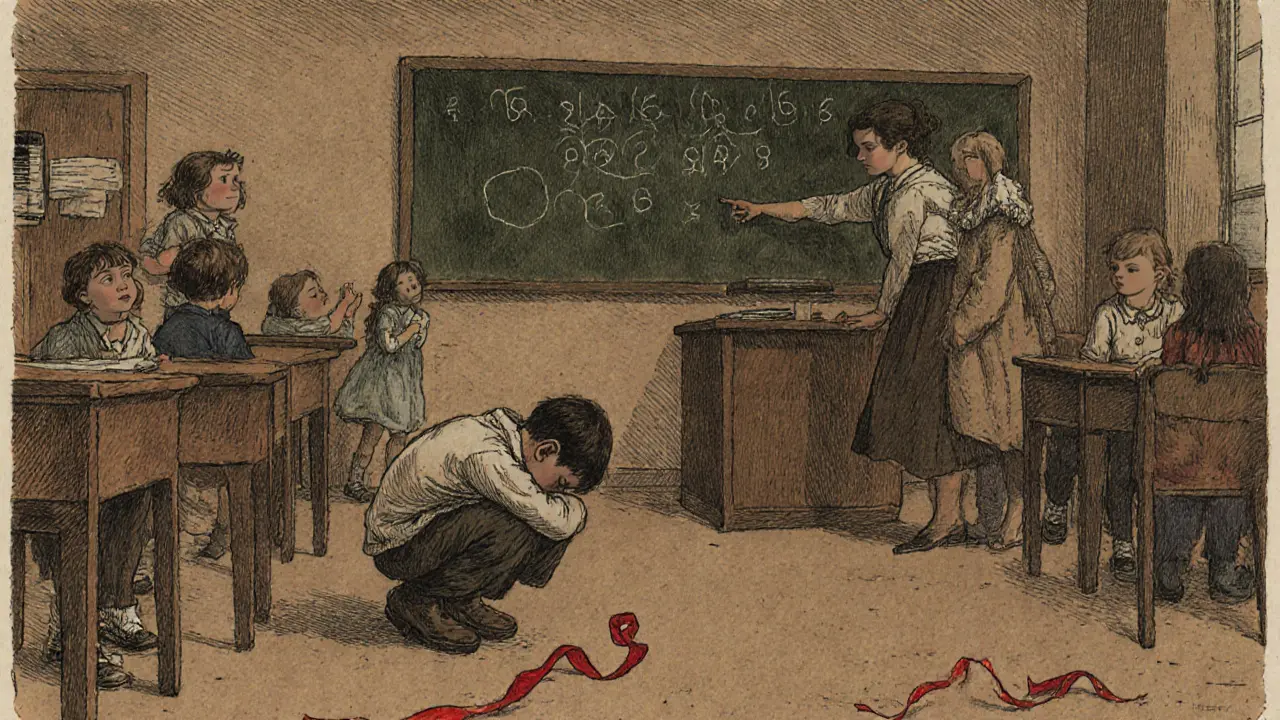 Dítě v třídě sedí v koutě, ostatní hrají, učitel se neohlíží, na zemi leží červená stužka.