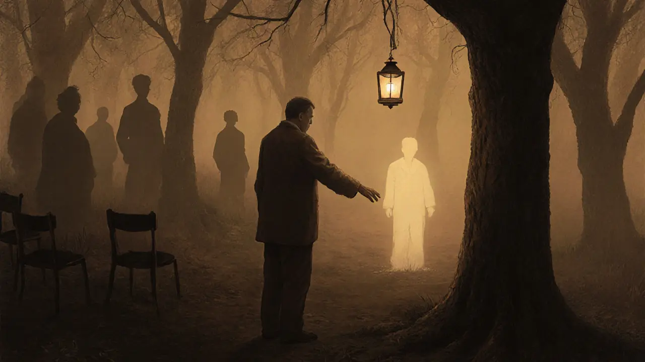 Dospělý muž táhne k svému dětskému já v mlze, za ním stíny zanedbávání, vpředu světlo lampy.