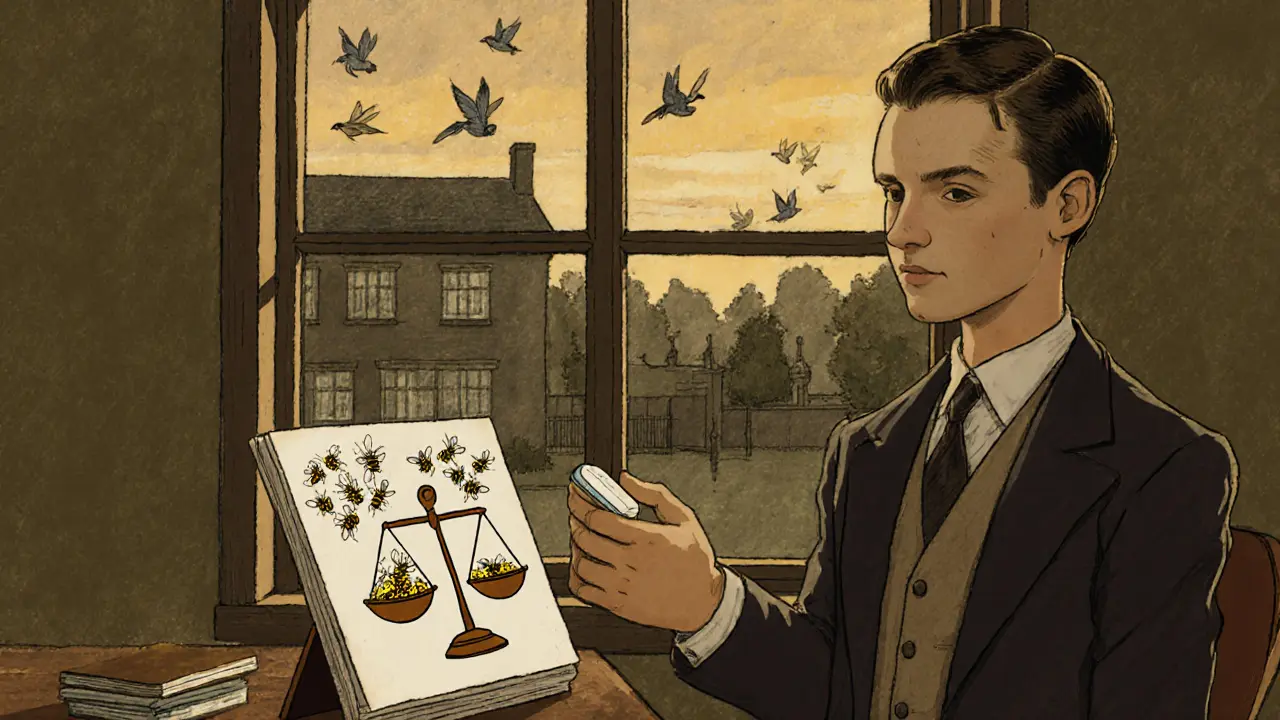 Psychiatra klade lék vedle kresby vyrovnávající chaos a klid, v pozadí tišší školní dvůr.